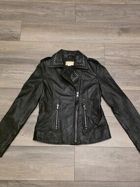 Black Studded Leather Moto Jacket - Women's